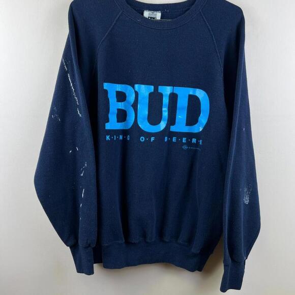 90s Vintage Budweiser BUD King of Beers Sweatshirt XL USA Lee Paint Splatter - Picture 1 of 8